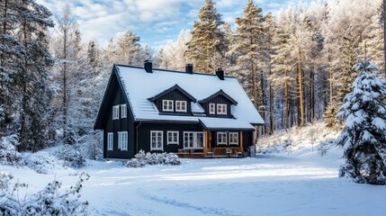 Scandinavian house with a steep, dark metal roof, snow-covered surroundings, winter forest,
