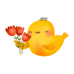Chicken o and bouquet of blossom flowers. Easter chick hand drawn illustration on isolated background. Happy easter. Spring card
