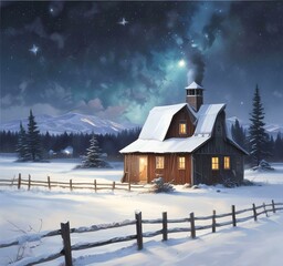 Illustration of barn with winter landscape and mountain behind.