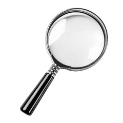 Magnifying glass with a metallic frame and black handle isolated on transparent background cutout png