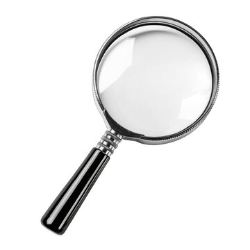 Magnifying glass with a metallic frame and black handle isolated on transparent background cutout png