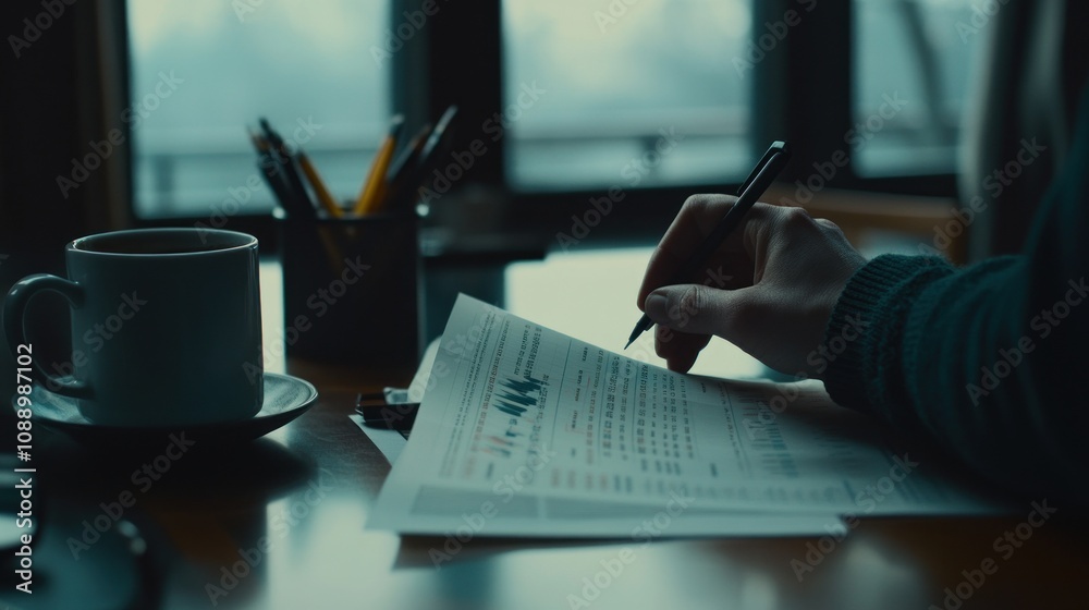 Poster A person writing notes while reviewing documents and enjoying a cup of coffee.