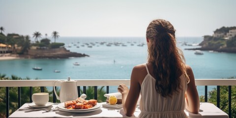 Obraz premium Young woman sitting at a table in a hotel restaurant back view, summer vacation in a luxury room by the sea. Generative AI.