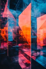 Abstract reflection of colorful geometric shapes within a futuristic architectural space, showcasing vibrant hues and modern design elements in a digital world
