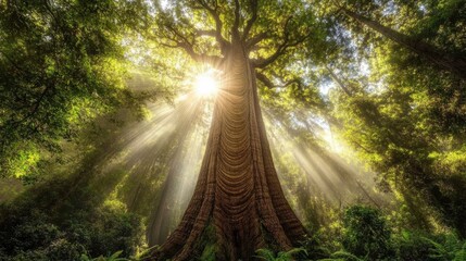 A massive tree in the forest with visible growth rings on its trunk, surrounded by lush greenery and dappled sunlight peeking through the leaves.