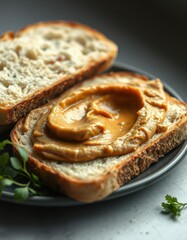 Peanut butter spread generously on hearty bread slices, a simple yet satisfying snack perfect for any time of day