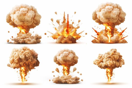 Collection of nuclear explosions with mushroom clouds isolated on a white background