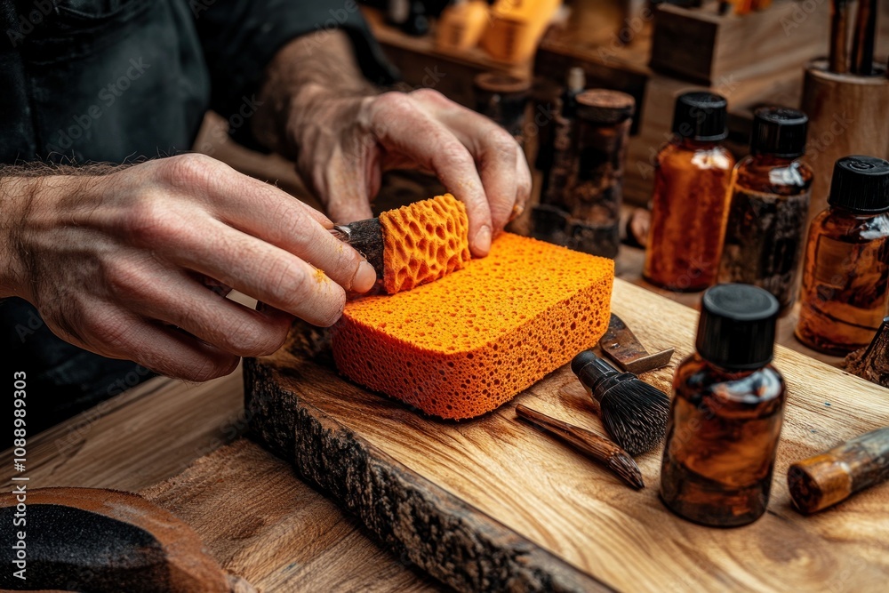 Poster a person crafting with an orange sponge and various tools on a wooden workspace.
