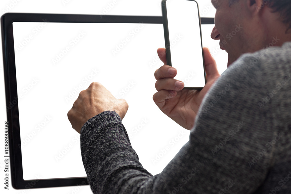 Poster angry stressed unsatisfied customer arguing by mobile phone with tech support. back view of man work