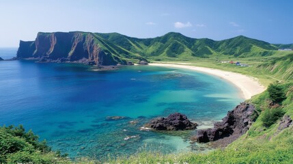 Serene Coastal Landscape with Lush Green Cliffs and Crystal Clear Water at the Beach on a Sunny Day in a Picturesque Tropical Paradise