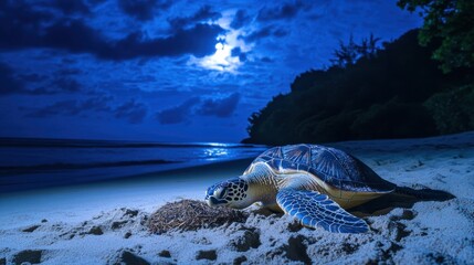 Obraz premium A sea turtle gently digging a nest in the soft sand under the moonlight, preparing to lay eggs on a quiet tropical beach.