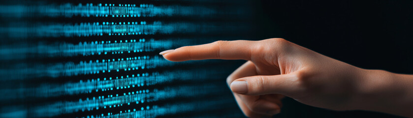 hand pointing at digital interface displaying data patterns, symbolizing technology and innovation. image conveys sense of connection and interaction with digital transformation