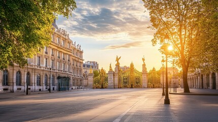 Serene Evening Light Over Grand Gates of a Parisian Palace Surrounded by Lush Green Trees and a Clear Sky at Dusk