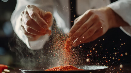 "SLOW MOTION: A chef sprinkles red pepper powder while cooking, captured in high definition. The dynamic action highlights the vibrant spice, adding a touch of flavor and color to the dish, 