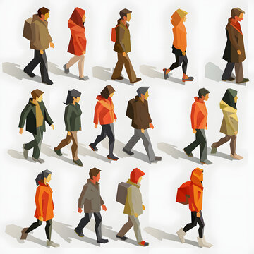 axonometric people, set, cad with a white accent, png