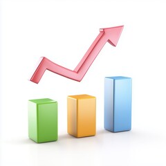 A 3D bar chart displays increasing values, highlighted by a pink upward arrow, symbolizing growth and progress in data representation.
