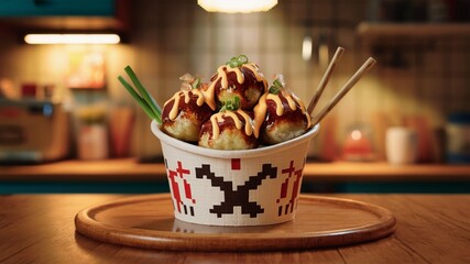 Naklejka premium A traditional paper cup filled with scrumptious takoyaki.