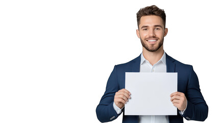 A smiling man in a suit holding a blank sign for messaging. Transparent background.