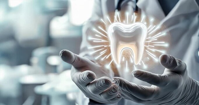 Close up of hands with gloves dentist holding a glowing holographic tooth icon with radiating waves, Represents dental innovation in tooth removal, dental implants, and oral surgeon care