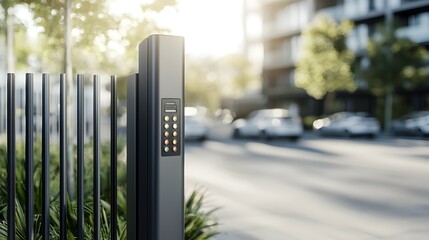 Modern Automated Car Park Entry System - Sleek Smart Boom Gate with LED Control Panel in Urban Landscape