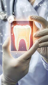 Close up of hands with gloves holding a holographic tooth in front of a medical technology background, Represents advanced dental care, tooth extraction, and dental implants in oral surgery