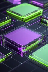 Colorful Geometric Neon Shapes in a Futuristic Abstract Design Featuring Translucent Cubes and a Dark Background with Vibrant Hues of Purple and Green