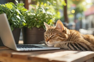 A Relaxed Tabby Cat Asleep on a Wooden Table with a Laptop in a Bright Outdoor Café Surrounded by Lush Greenery and Warm Natural Light