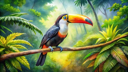 Fototapeta premium Vibrant Tropical Bird Sitting on a Branch Amid Lush Greenery in a Colorful Rainforest Background with Bright Jungle Foliage and Mysterious Atmosphere