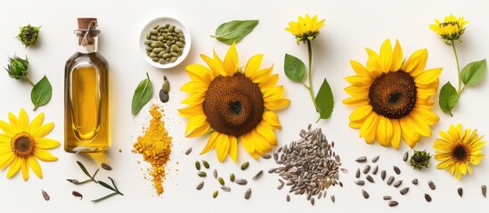 Sunflower Oil and Seeds on a Neutral Background