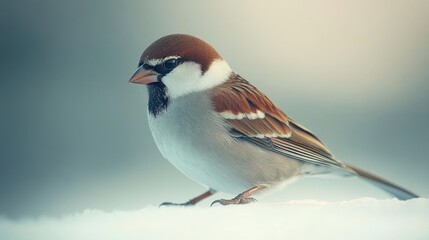 A small brown and gray bird on white snow