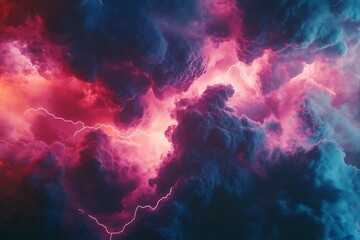 Obraz premium Fiery Storm Clouds: A Dramatic Pink and Blue Lightning Sky - Nature's Intense Power