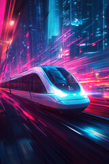 Fototapeta premium an elegant high-speed train rushes through a bright night city of high-rises and lights, a train in motion in a modern design surrounded by dynamic elements, a blurred cityscape and effects conveying 