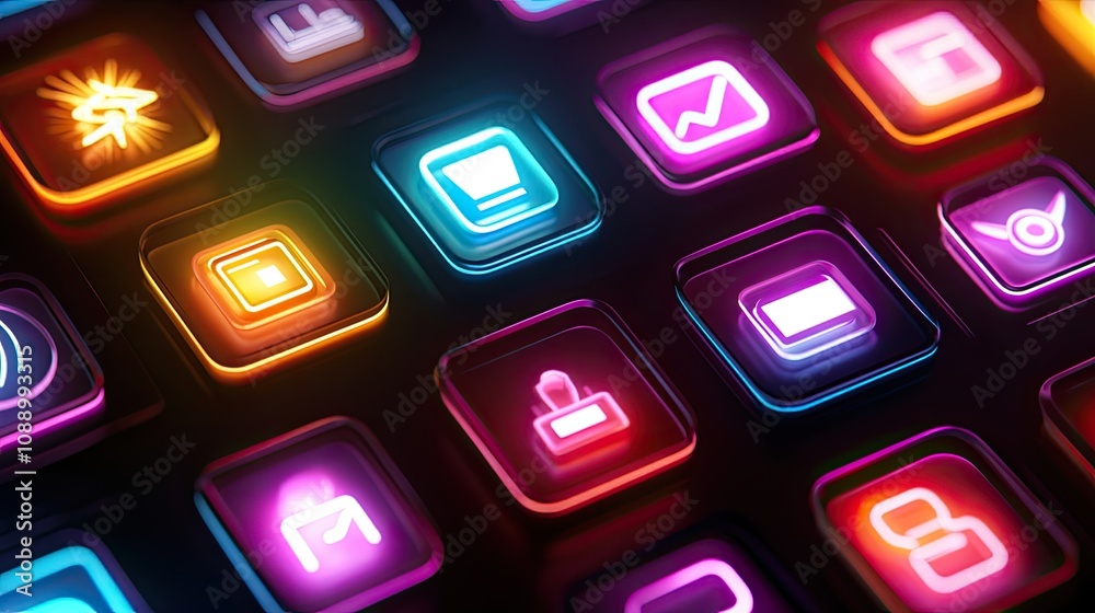 Poster Neon Glowing App Interface Square Icons Display