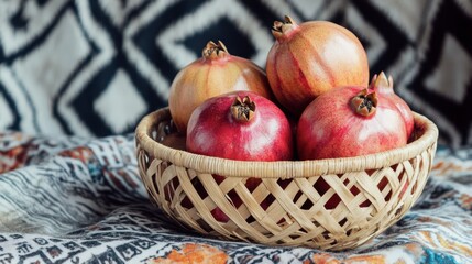 Fresh and Juicy Pomegranates in a Handwoven Basket on Cultural Fabric Background for Healthy Eating and Organic Lifestyle Concepts