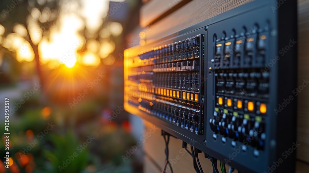 Poster a control panel with glowing buttons and switches stands against a backdrop of a beautiful sunset. t