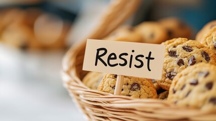 A basket of delicious chocolate chip cookies with a humorous sign reading "Resist," inviting a playful challenge against temptation.