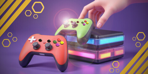 Abstract background. Teen concept with mobile online gaming and game controller with life entertainment. purple, hand, develop, learn, fun, goal, grow, 3d rendering © guguart