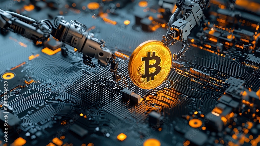 Poster Integrating blockchain token icons with factory production standards a technological revolution in industrial automation