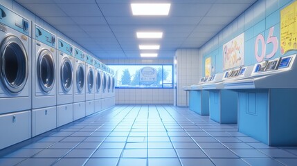 An empty laundromat with bright lighting, coin slots visible on the washing machines, and detergent stations on the side, creating a quiet atmosphere. -