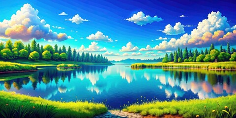 Fototapeta premium Pixelated Retro Game Style Landscape with Peaceful Lake and Fluffy Clouds â€“ 4K Stock Video for Relaxation and Gaming Backgrounds