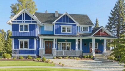 Obraz premium A beautiful two-story blue country house with a wraparound porch, lush green lawn, and tall trees creating a peaceful atmosphere. AI generated. 