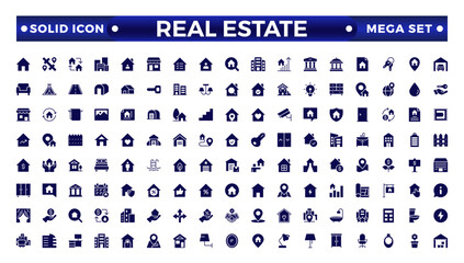 Real Estate minimal solid web icon set. Included the icons as realty, property, mortgage, home loan and more. Solid icons collection. House, key, buy, sell, loan,  building, address, bedroom
