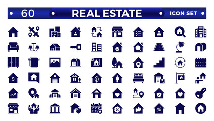 Real Estate minimal solid web icon set. Included the icons as realty, property, mortgage, home loan and more. Solid icons collection. House, key, buy, sell, loan,  building, address, bedroom