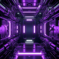 Futuristic Abstract Corridor with Glowing Neon Lights, Metallic Tubes, and a Dark Background, Ideal for Sci-Fi Themes, Technology Concepts, and Digital Artworks