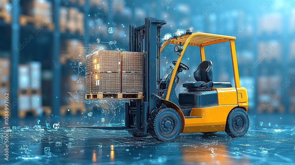 Poster Efficient forklift transporting blockchain-tagged goods in a standard warehouse environment for enhanced supply chain management
