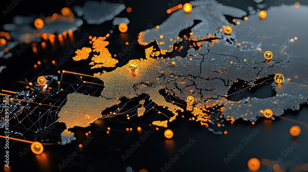 Leinwandbilder Highlighting blockchain nodes on a global map overlay a comprehensive analysis of standards in technology across various locations