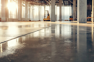Concrete being smoothed on a newly poured floor in a building