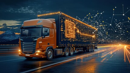 Naklejka premium Revolutionizing logistics iot-enabled trucks transmitting real-time blockchain standards for enhanced transparency and efficiency