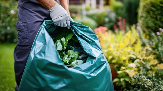 Close-up of a hand wearing a glove, tying a large green garbage bag filled with recyclable items, set in a bright and tidy outdoor area