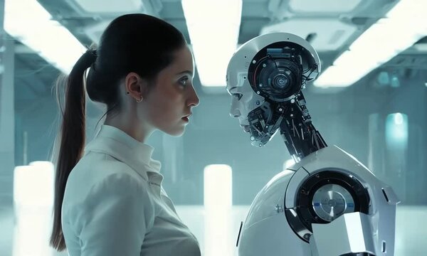 A human and robot face each other head to head, symbolizing the connection between humanity and technology. Perfect for futuristic, AI, and innovation-themed visuals.